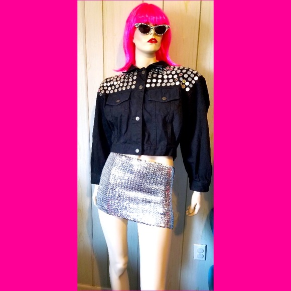 Vintage 80s PUNK Atomic Space Age MOD Black Denim Jacket Studded w/Mirrors wOw! - Picture 2 of 14